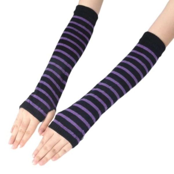 Käsivarrenlämmittimet raidalliset, sormettomat ja pitkät - musta / violetti [32cm] MultiColor 32cm Svart/lila