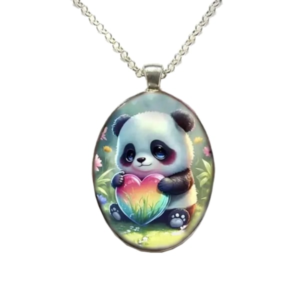 Glashalskæde med motiv [O3] - Panda med hjerte Silver