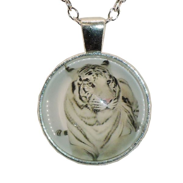 Glashalskæde med motiv [S28] Hvid tiger Silver