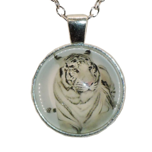 Halskjede i glass med motiv [S28] Hvit tiger Silver