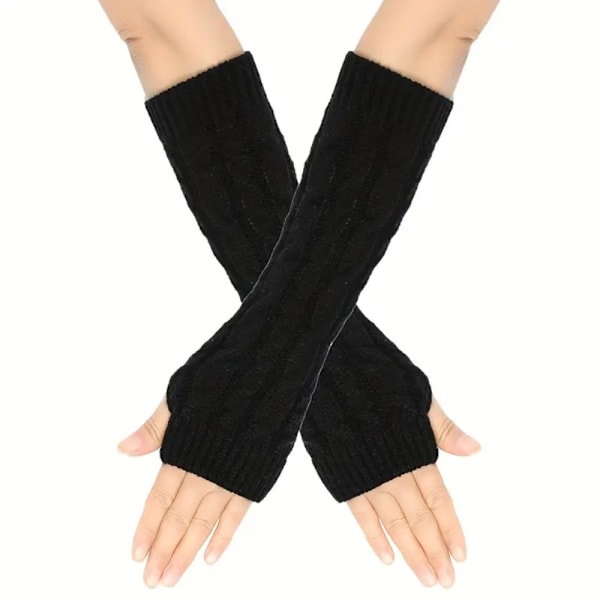 Armvärmare stickade, fingerlösa & långa - Svart [30cm] - Handledsvärmare Black one size