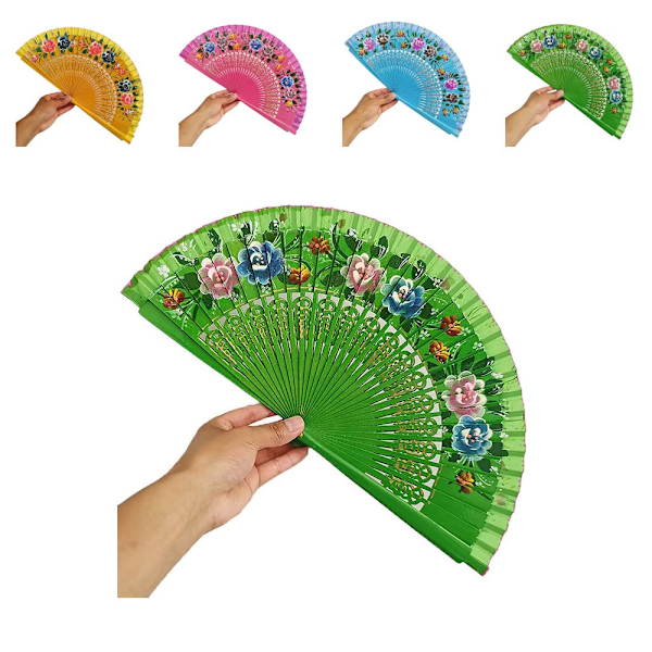 Solfjäder - Handmålad i trä - Spansk stil Blommor - Flera färgval Grön
