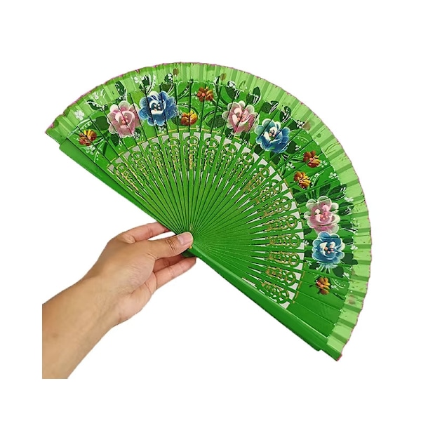 Solfjäder - Handmålad i trä - Spansk stil Blommor - Flera färgval Grön