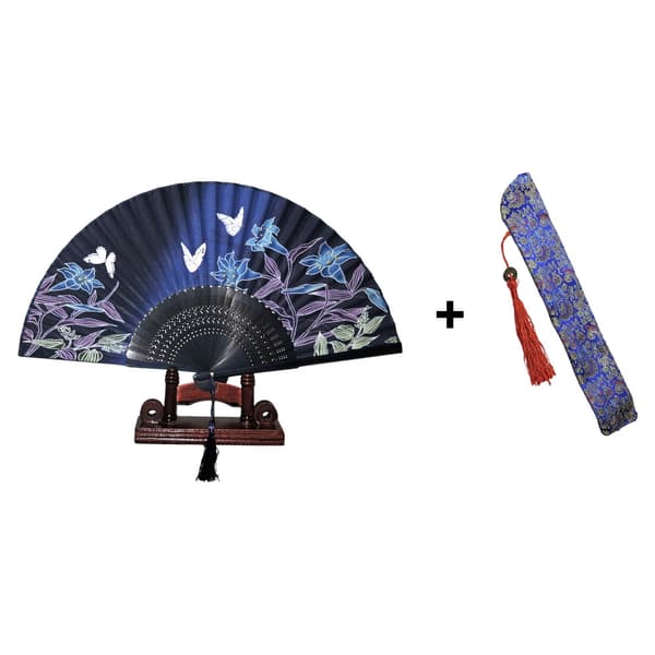 Vifte - Sommerfugle med blomster [M4] med etui - Mørkeblå lilje Blue