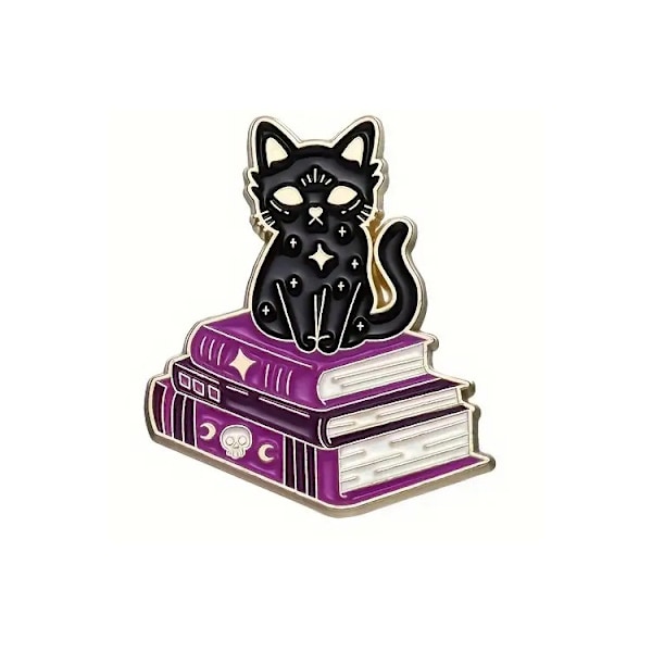 Broche - Nål - Kat med bog - Lilla Sort Purple