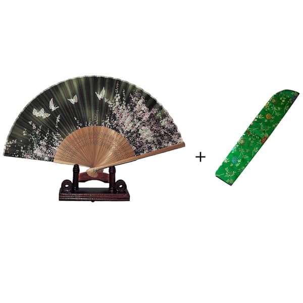 Vifte - Sommerfugler med blomster [M6] med etui - Grønn [Brun] Green
