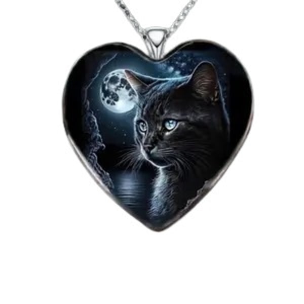 Halssmycke i glas med motiv [H14] - Svart katt fullmåne Silver