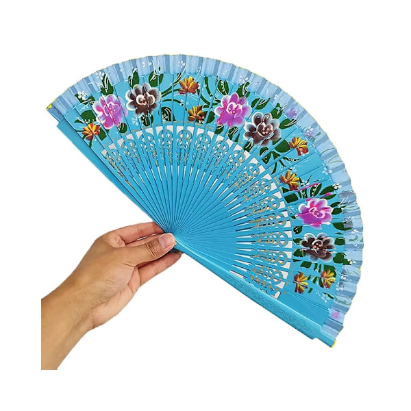 Solfjäder - Handmålad i trä - Spansk stil Blommor - Turkos Turkos