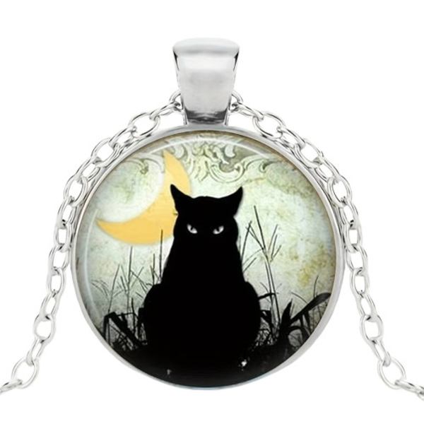 Halssmycke i glas med motiv [S3] Svart katt Svart
