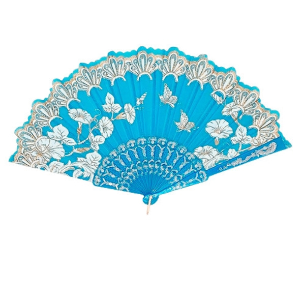 Vifte - Blomster og sommerfugler i chiffong [Plastbunn] - Turkis Turquoise