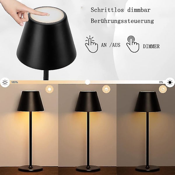 Sysy bordslampa sladdlös, LED bordslampa batteri dimbar touch switch & laddningsbar USB-C, aluminium bordslampor svart 3W 3000K varmvit, IP44 vattentät bordslampa utan sladd för inomhus och utomhus