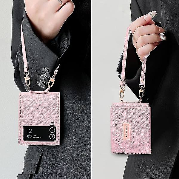 Läderfodral kompatibel med Samsung Galaxy Z Flip 5 med rem & korthållare & gångjärnsskydd, Z Flip 5-fodral