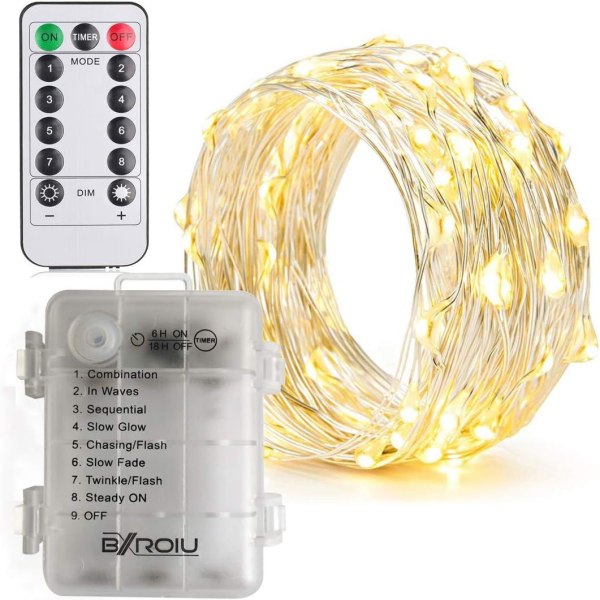 x 50 lysdioder batteridriven ljusslinga, 5 meter Micro Silver 3AA kabel Vattentät batteridrift med fjärrkontroll 8 program (varmvit)