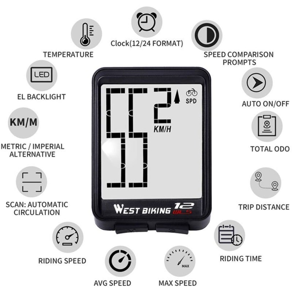 Trådløs cykelcomputer, stor digital cykelcomputer, kilometertæller, speedometer