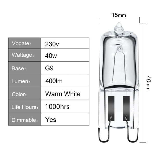 G9 halogenugnslampa, 40 W, 230 V, 300 °C, mikrovågsugnslampa (4 st)