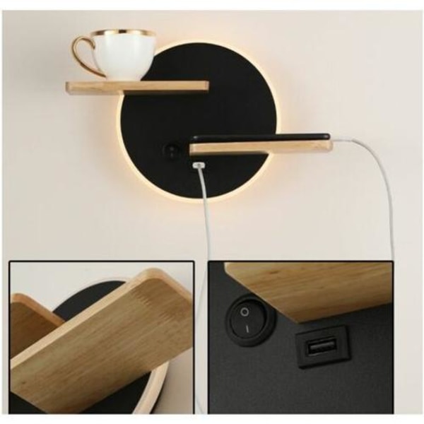 LED indendørs væglampe med USB-port, moderne væglampe med afbryder, læselampe, sengelampe, belysning, nattelys, 301912cm sort [Energiklasse A]
