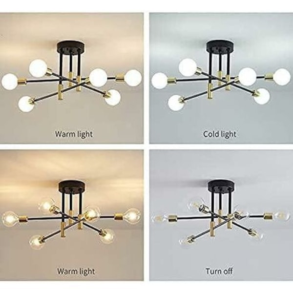 Industriell taklampe, taklampe, E27 industriell lysekrone, 6-pendel lysarmatur for soverom stue (pære ikke inkludert)