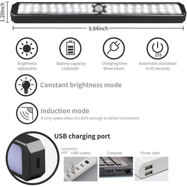 LED-lys under skap med bevegelsessensor, USB-oppladbar under skrivebordslys, korridor, 2-pakning, svart