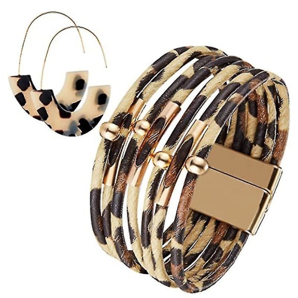 Bracelets Tortoise Shell Earrings Multilayer Leather Wrap Bracelets Boho Accessories For Women Large Wrists(1 Set, Brown)