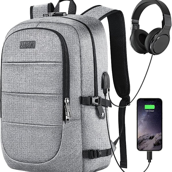 Laptop-ryggsäck för män med USB-laddningsport, ryggsäck för kvinnor, stöldskyddad ryggsäck