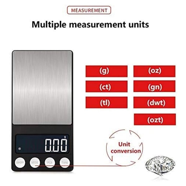 Mini lommeskala 500/0,01 g Høy presisjonsskala med LCD-bakgrunnsbelysning, 500 g/0,1 g