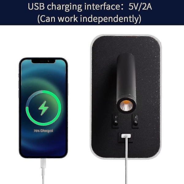 LED væglampe, sengelampe med afbryder, USB-opladningsport, justerbar spotlight til soveværelsesbelysning (3w 3000k + 9w 6000k) sort