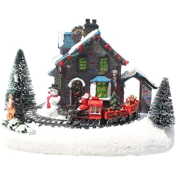 Färg LED julbelysning, litet tåg byhus lysande landskap, snöhartsfigurer, skrivbordsprydnad, LED julbybelysning