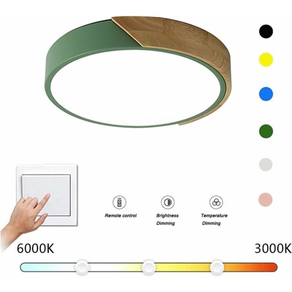 Moderne, dimbar, ultratynt, rund LED-innfelt taklampe med treramme og fjernkontroll