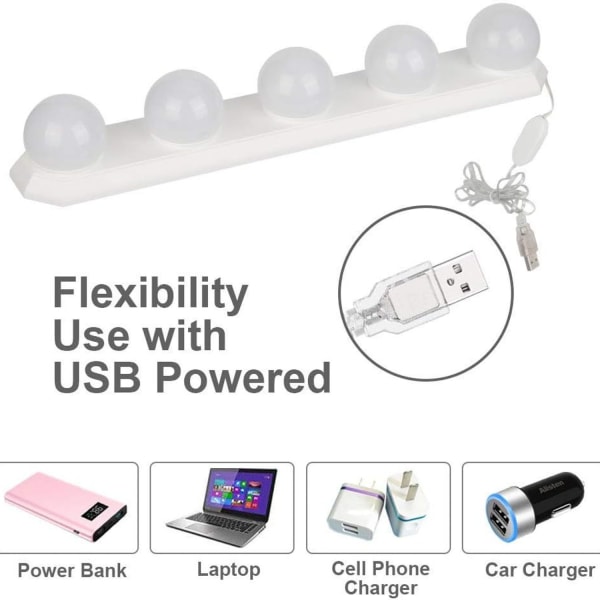 LED-speilbelysning - 5 LED-pærer - Hollywood-stil - sminkebelysning - dimbar - USB - f