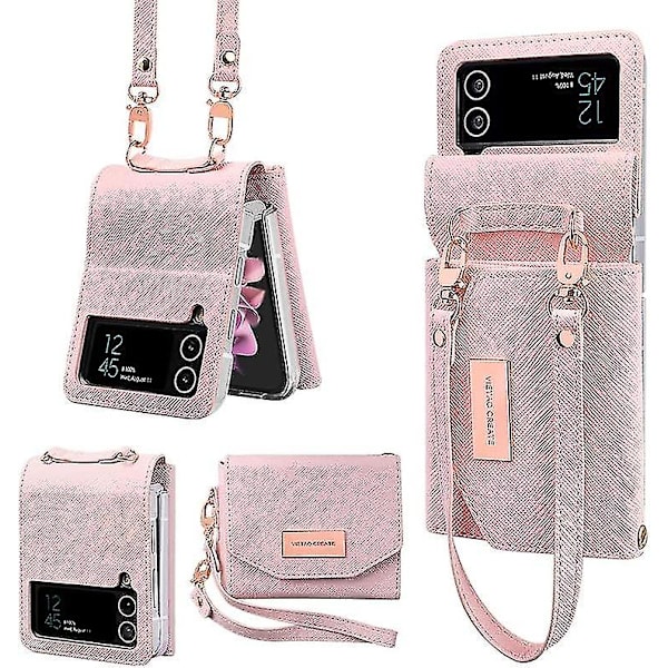 Läderfodral kompatibel med Samsung Galaxy Z Flip 5 med rem & korthållare & gångjärnsskydd, Z Flip 5-fodral