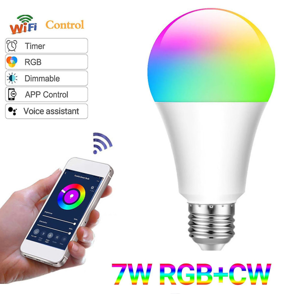 E27 B22 E26 Wifi-lampa Dimbar Assistent Röststyrning Rgb 7w Mobil Trådlös Wifi Smart Led-lampa Inomhus