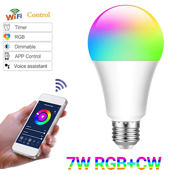 E27 B22 E26 Wifi-pære, dæmpbar, stemmestyring, Rgb 7w, mobil trådløs Wifi Smart Led-pære til indendørs brug
