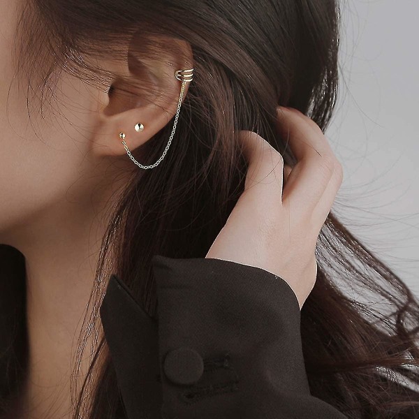 925 Sterling Silver Cuff Örhängen Kedja för Kvinnor Tonårsflickor Crawler Örhängen Studs B-Guldpläterad -