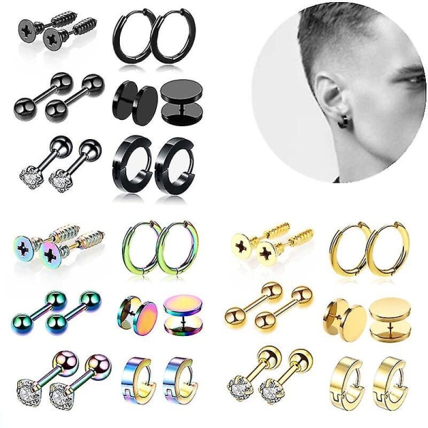 12 st rostfritt stål Punk örhängen Set Hoop Lot Gothic Örhänge Pack Fake Ear Plug Unisex Ear Stud Set Body Smycken