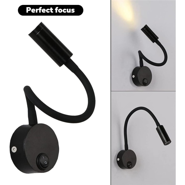 Stykker Sort Væg Læselampe 3W, Fleksibel Justerbar Hals Væglampe Aluminium Skrivebordslampe, Sengelampe med Afbryder LED Øjenpleje