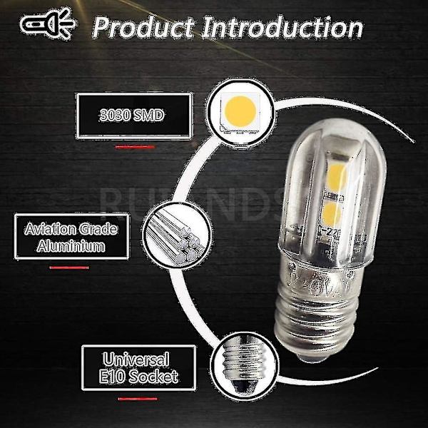 E10 LED-pære 220v 230v AC energibesparende LED-indikatorlys 8mm skruebase 3030 4smd LED-chipsets opgraderet pære, varm hvid (4 pakke) --(WR)