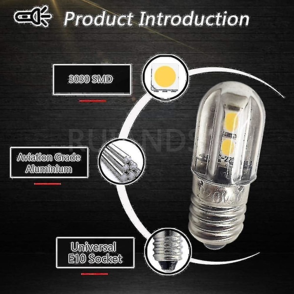 E10 Led-pære 220v 230v AC Energisparende LED-indikatorlys 8mm skruebase 3030 4smd Led-brikkesett Oppgraderingspære, varmhvit (4-pakning) --(WR)