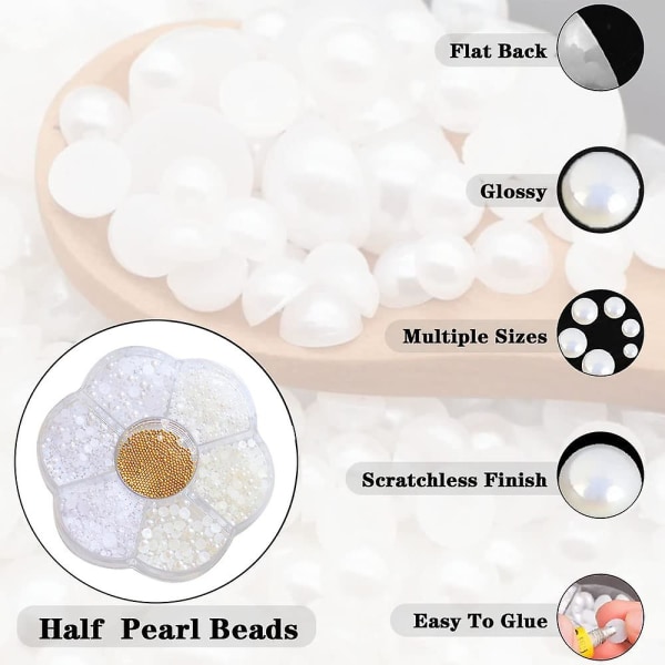 Perlesmykker til negle, nail art makeup dekorationer Flad ryg perler 1 æske, ren hvid perle