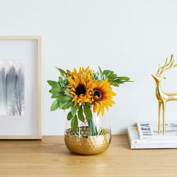 Liten vas för bordsdekoration, gräsblomvas, modern vas, guldglasband,