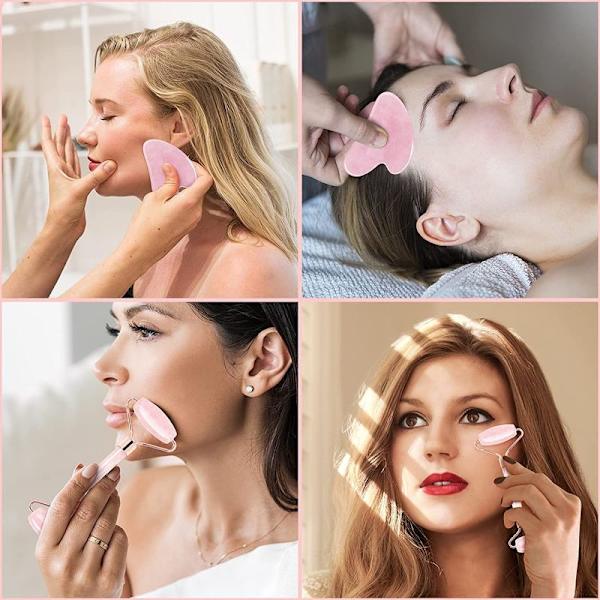 Rose Quartz Facial Roller og Gua Sha Scraper Sæt Lovelyface, 100% Naturlig Sten, Han