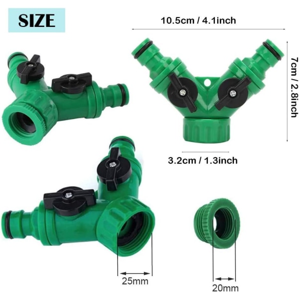 2-veis hageslange splitter splitter kranadapter med Y-splitter 1/2 og 3/4 tommers slangekobling 2 stykker