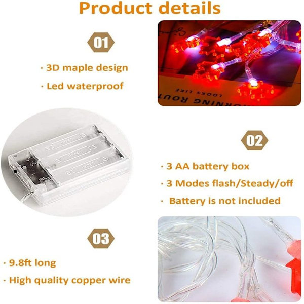 3D Thanksgiving Dekorationer Lönnljus 3 Meter 30 LED-lampor