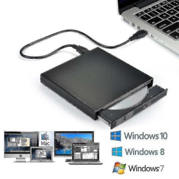 Extern CD-DVD-enhet, USB 2.0 Slim Portable Extern Cd-RW-enhet DVD-RW-brännare Skrivare Spelare för bärbar dator stationär dator, Svart