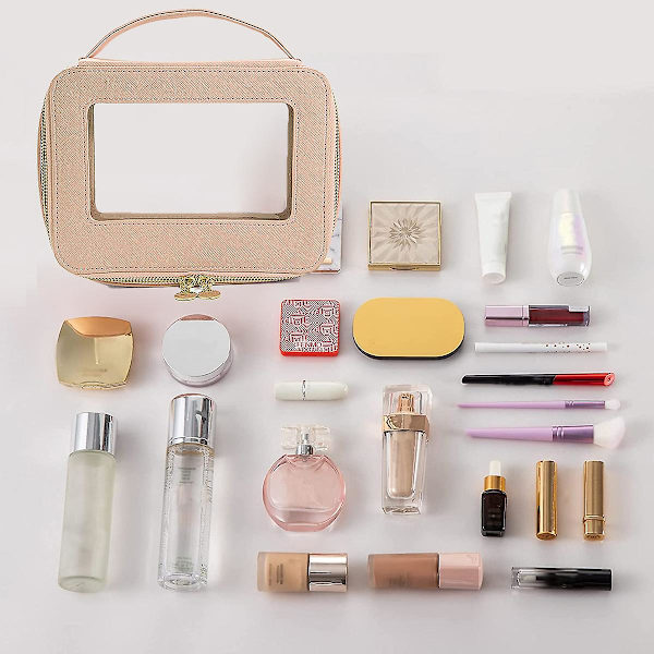 Kvinnors Bärbara Resa Makeup Väska, Läder Makeup Väska Med Transparenta Fönster Och Guld Dragkedja