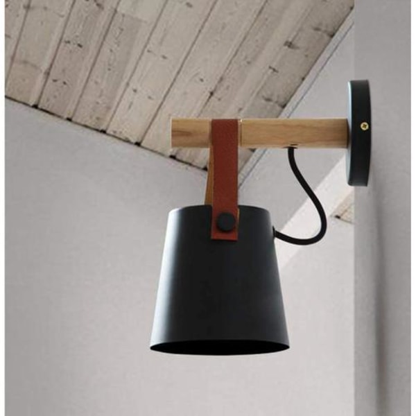 E27 Modern Wall Lamp Metal Style Wrought Iron Wood Belt Wall Lamp Creative Nordic Lighting Pendant Light Fixture (Black)