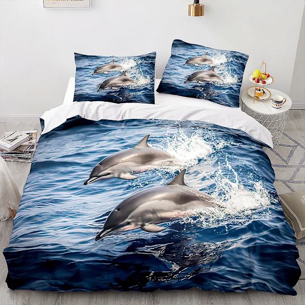 Dolphin 05# 3d Hjem Tekstil Sengetøj Delfin Dyreprint Dynebetræk Tredelt Lagen Sæt