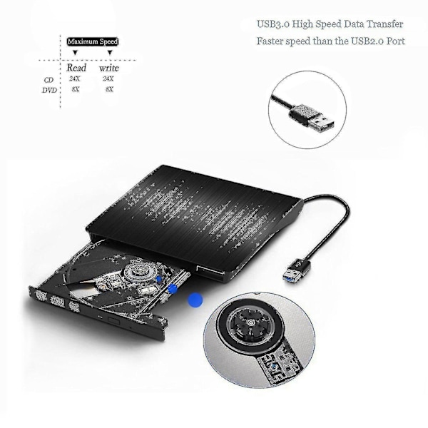Ulkoinen DVD-asema kannettavalle tietokoneelle, kannettava nopea USB-C- ja USB 3.0 -soitin/DVD-lukija PC-työpöydälle, yhteensopiva Windows/Mac Osx/Linuxin kanssa