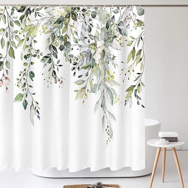 Grøn eukalyptus bruseforhængssæt akvarel blade på toppen floral badeværelse indretning 71x71 tommer