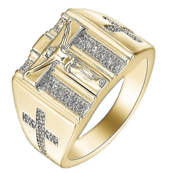 Mäns Ring Cross Ring Pläterad 18 k gult guld Jesus inläggningar Diamond smycken