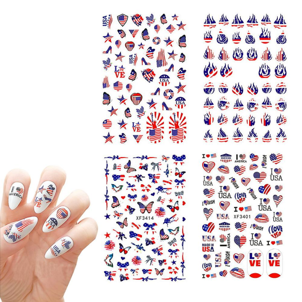 4. juli negleklistremerker, selvklebende uavhengighetsdagen patriotisk flagg gjør-det-selv-design neglekunstdekorasjoner negleklistremerke (8 ark)